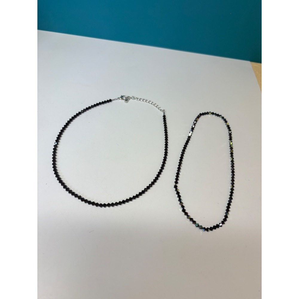 Black Crystal Bicone Beaded Necklace Iridescent Lot of 2 Silver Tone